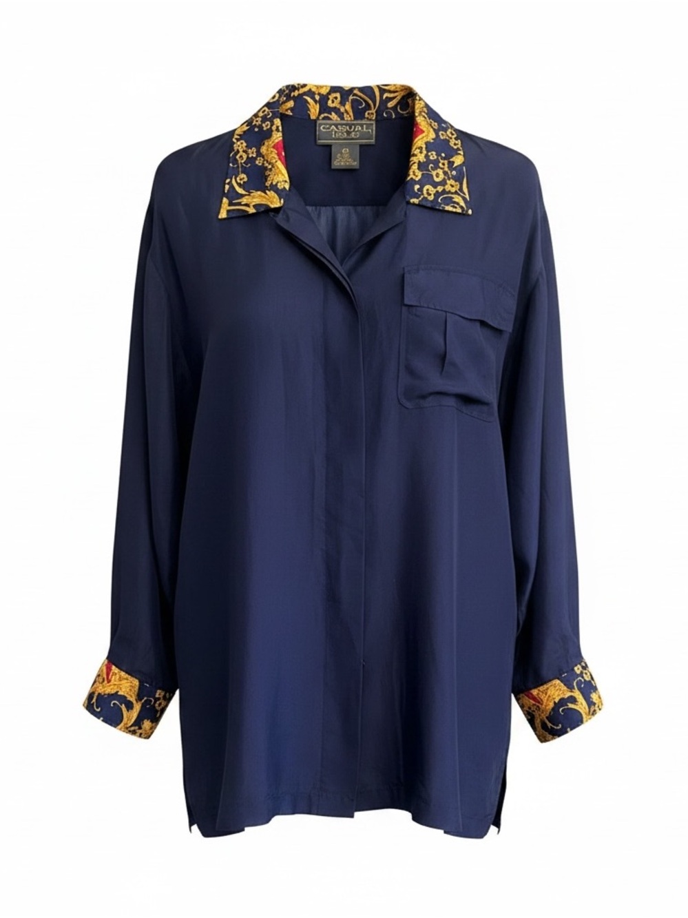Navy Blue Button-Front Blouse with Gold-Print Trim 100%